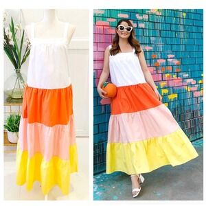 English Factory Tiered Midi Dress White Orange Pink Yellow Spaghetti Strap